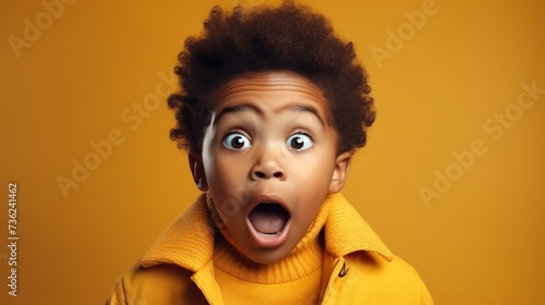 Wow. Studio shot of emotional adorable African American little boy raising eyebrows and covering open mouth with hand photo