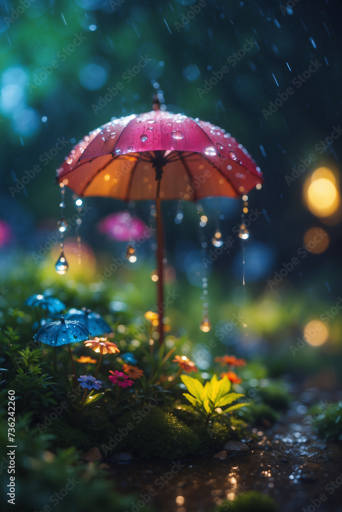 a small red umbrella with raindrops dripping from it all this is in the forest