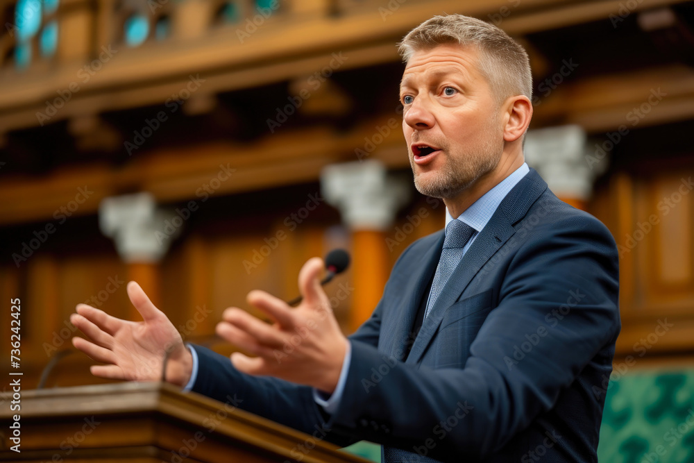 Obraz premium Parliamentary Rhetoric: Middle-aged Leader Addresses the Chamber