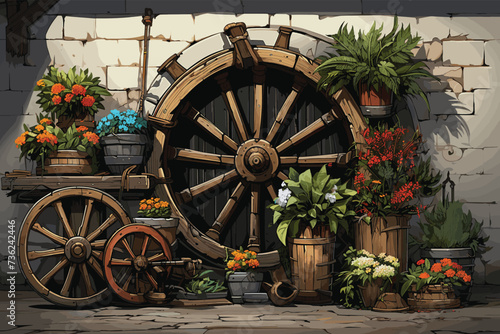 
A wheel with wheels and flowers in front of a brick wall,AI generative.