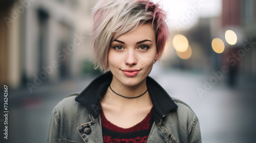Portrait of a teenager girl with pink hair on the street. © Natalia Klenova