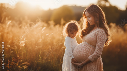 Happy family: a young beautiful pregnant woman with her little cute daughter walking in the wheat field on a sunny summer day