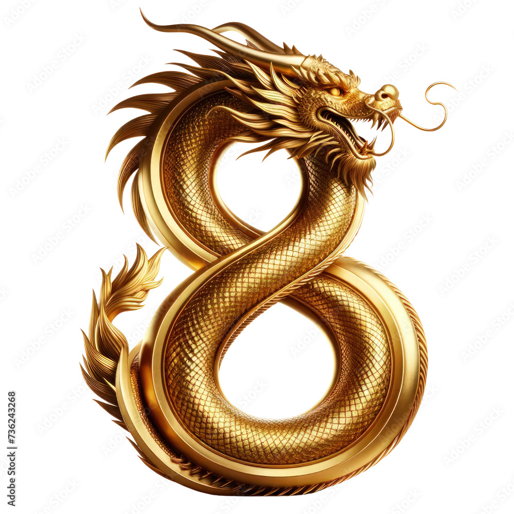 Obraz premium Zodiac gold dragon making a figure 8 shape,number 8,eight,infinity,Zodiac 3D illustration, isolated on a transparent background.