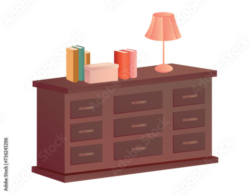 Bedroom furniture of colorful set. A creatively designed chest in a cartoon style brings a playful and lively atmosphere to bedroom interiors, enhancing the overall design. Vector illustration.