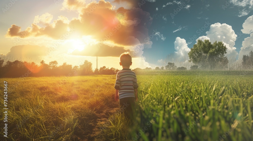Fototapeta premium Climate Change Impact Visualized with a Child Contemplating Future Environmental Challenges, with a Lush Green Field Bathed in Sunshine.