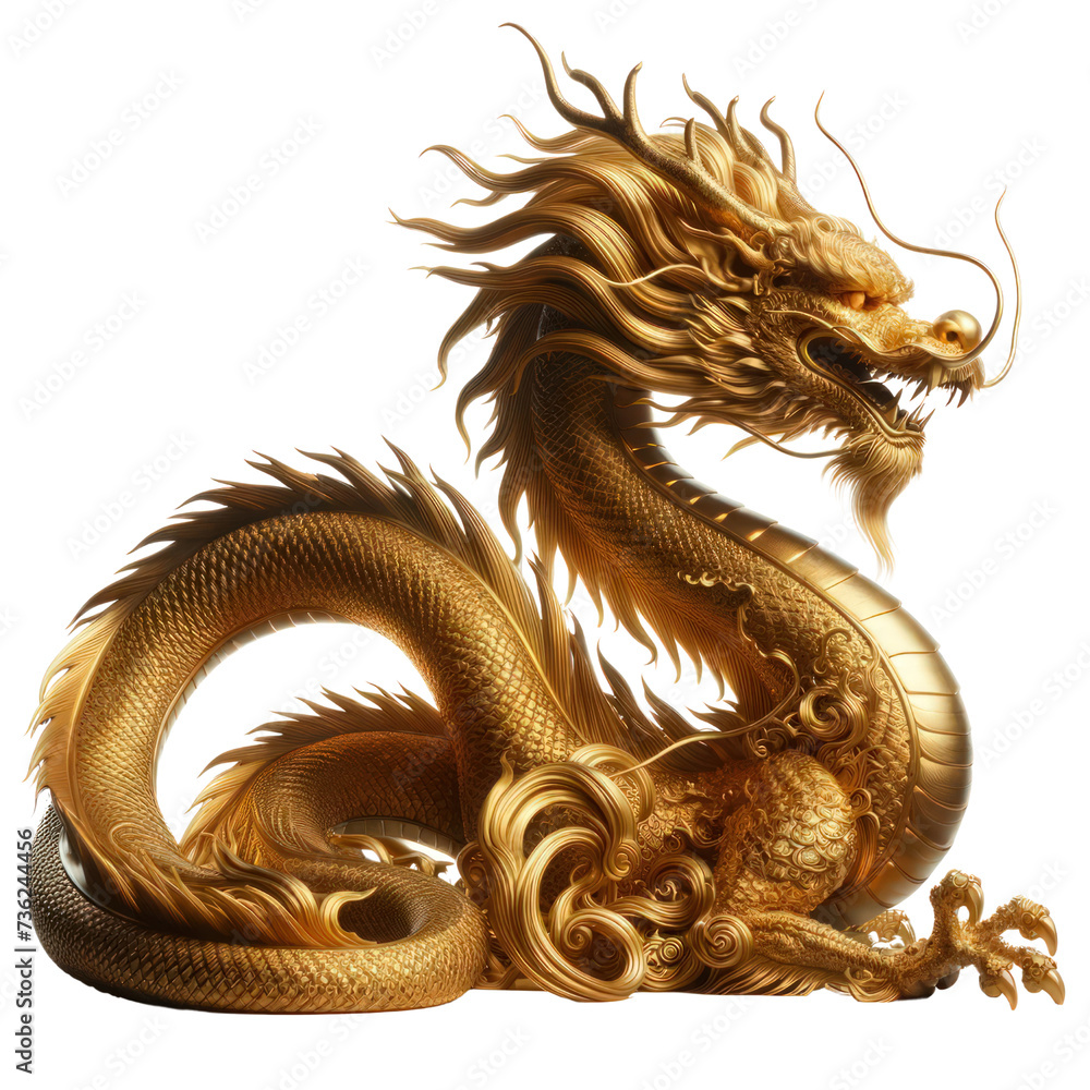 Fototapeta premium Golden dragon, conveying a strong feeling of awe,Zodiac 3D illustration, isolated on a transparent background.