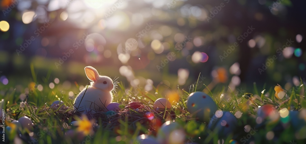 Easter Bunny with Eggs in the Grass, with Spring Sunshine - defocused nature background - obrazy, fototapety, plakaty 