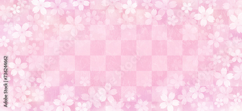 和紙質感の桜の花と市松模様の和風の背景、ピンク