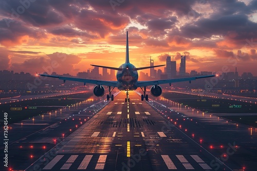 Passenger plane lands on the airport runway amid a beautiful sunset. Modern city silhouette on the background