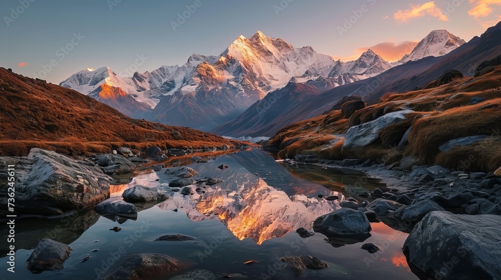 Breathtaking Sunset Reflection in A Mountain Range with Flowing River Amidst Rocky Terrain and Golden Grass