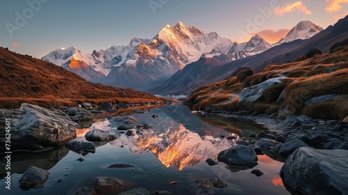 Breathtaking Sunset Reflection in A Mountain Range with Flowing River Amidst Rocky Terrain and Golden Grass
