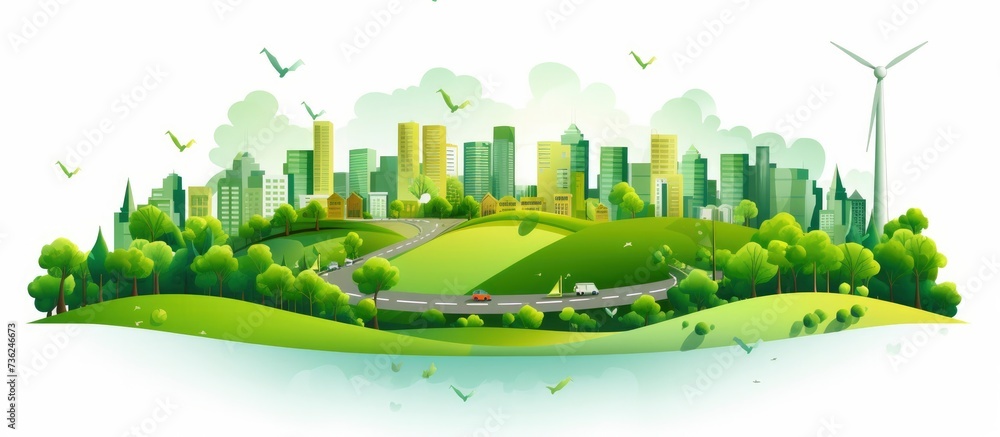 Green Energy EcoCity Illustration with Paper Cut-Outs, Ecology, Green City on Earth, World Environment, and Sustainable Development Concept