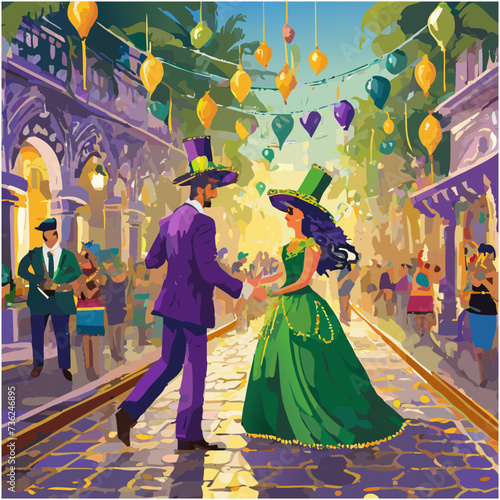 A couple walks down the street in costume during Mardi Gras