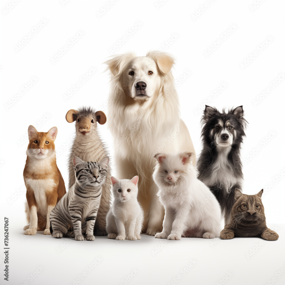 A bunch of adorable cats and puppies posing together on a white background