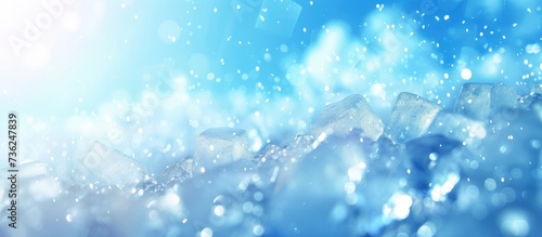 Icy Elegance. Water Ice Cube Pattern Background with Blurred Blue Sky and Clouds, Perfect as a Winter Wallpaper or Summer Banner Backdrop. photo