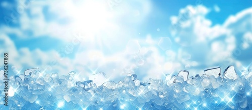 Icy Elegance. Water Ice Cube Pattern Background with Blurred Blue Sky and Clouds  Perfect as a Winter Wallpaper or Summer Banner Backdrop.
