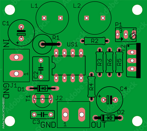 Placement of components of radio elements (contact
pads and seats) on the printed circuit
board of an electronic device.
Vector engineering 
drawing of a pcb. Electric technology background. 