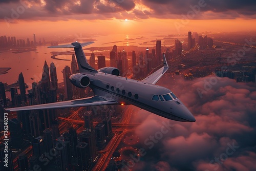 A private jet flies over Dubai amidst a beautiful sunset. photo