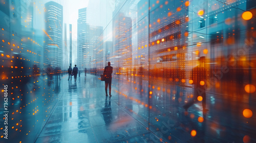 Businesspeople walking in a financial office building district with skyscrapers, futuristic mood photo