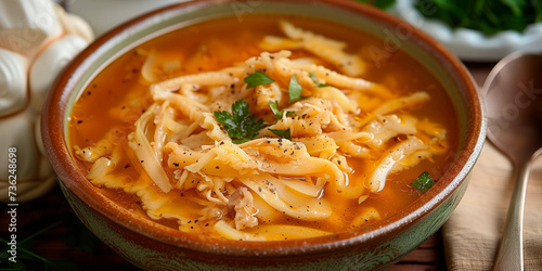 Traditional, Polish, flaki soup, beef tripe, tender, ribbons, golden, broth, spiced, marjoram, black pepper, aromatic, hearty, rustic, garnished, fresh parsley, warm, comforting, authentic photo