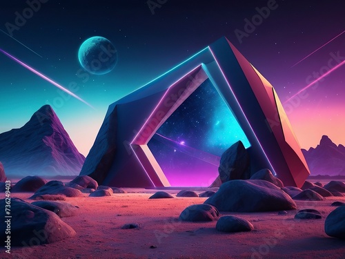 Abstract neon background with geometric shape, Beautiful frame and extraterrestrial landscape under the night sky 