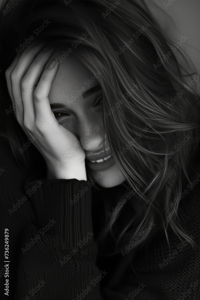 Modest Grayscale Portrait: Secretive Grin Behind Veil Modest Grayscale Portrait: Secretive Grin Behind Veil