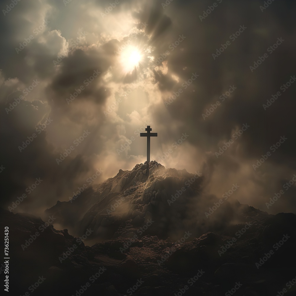 holy cross symbolizing the death and resurrection of Jesus Christ with The sky over Golgotha Hill is shrouded in light and clouds - obrazy, fototapety, plakaty 