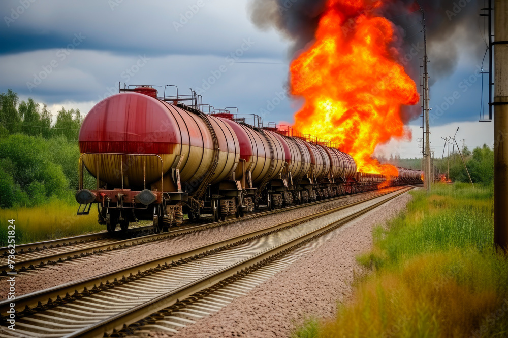 Fototapeta premium Unleashing Hell: Train Derailment Triggers Chemical Inferno