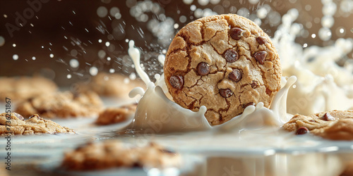 Delicious cookie dunk in a bowl with milk. Chocolate chip cookies splashing in milk