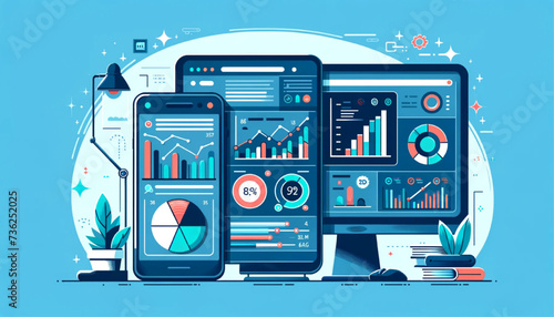 smartphone and a computer displaying business graphs and analytics data