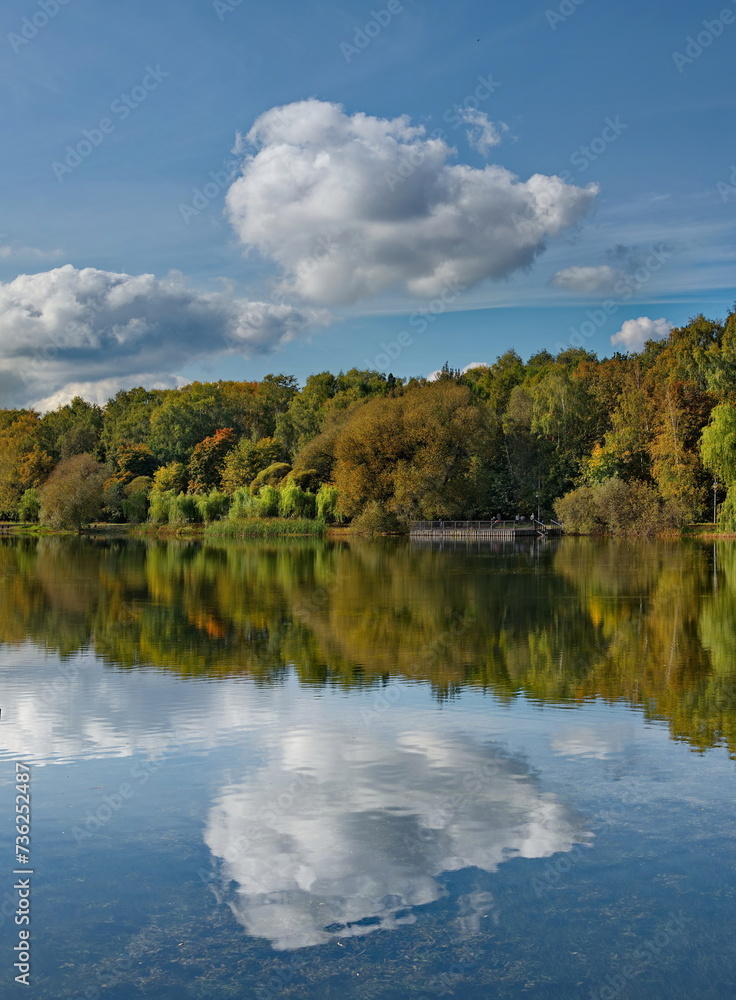Russia. Moscow Pokrovskoe Streshnevo Park. Autumn view of the lake shore in the city park.