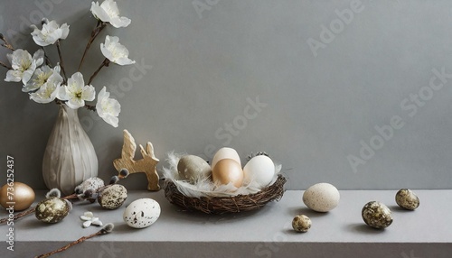 Minimalist Easter still life with eggs and flowers