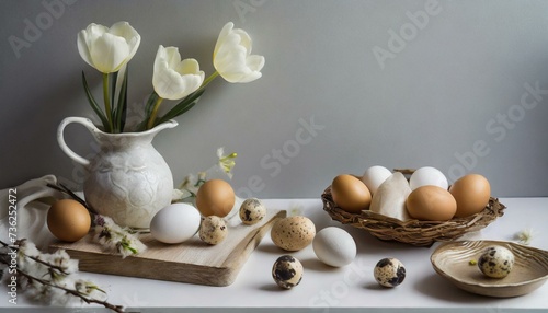 Easter still life with eggs and tulips