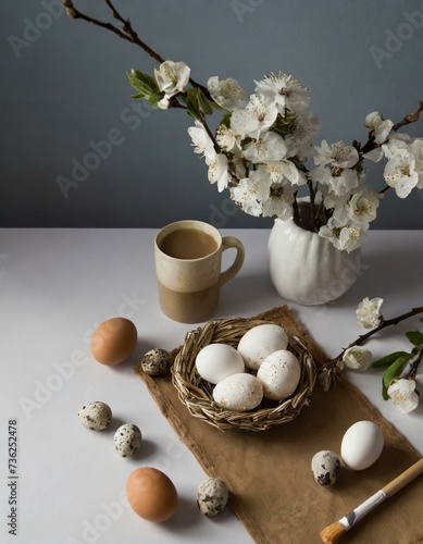 Easter eggs in a nest with a cup of coffee and flowers