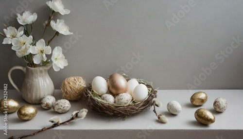 Still life with easter eggs and flowers