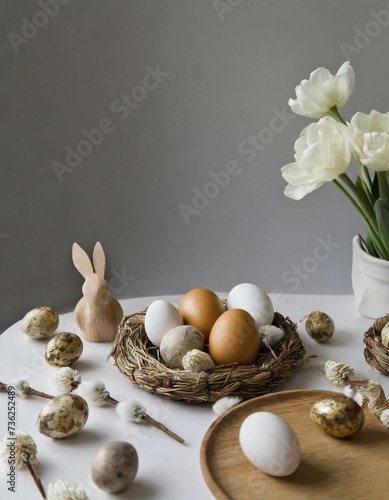 Easter still life with eggs in a nest, bunny and flowers