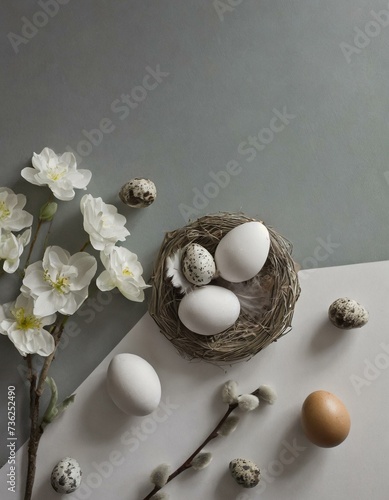 Easter eggs in a nest and flowers