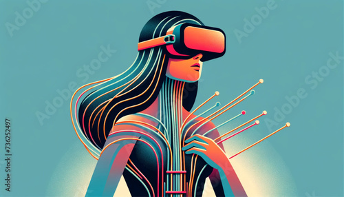 a woman wearing VR goggles, with optic fiber cables wrapping around her body