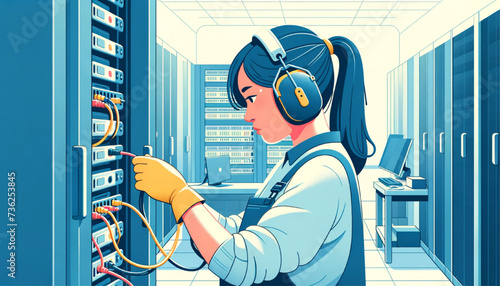  flat vector of a young Asian female technician in a server room