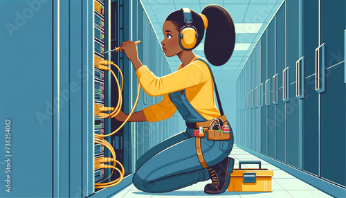  Flat vector of a young black female technician in a server room