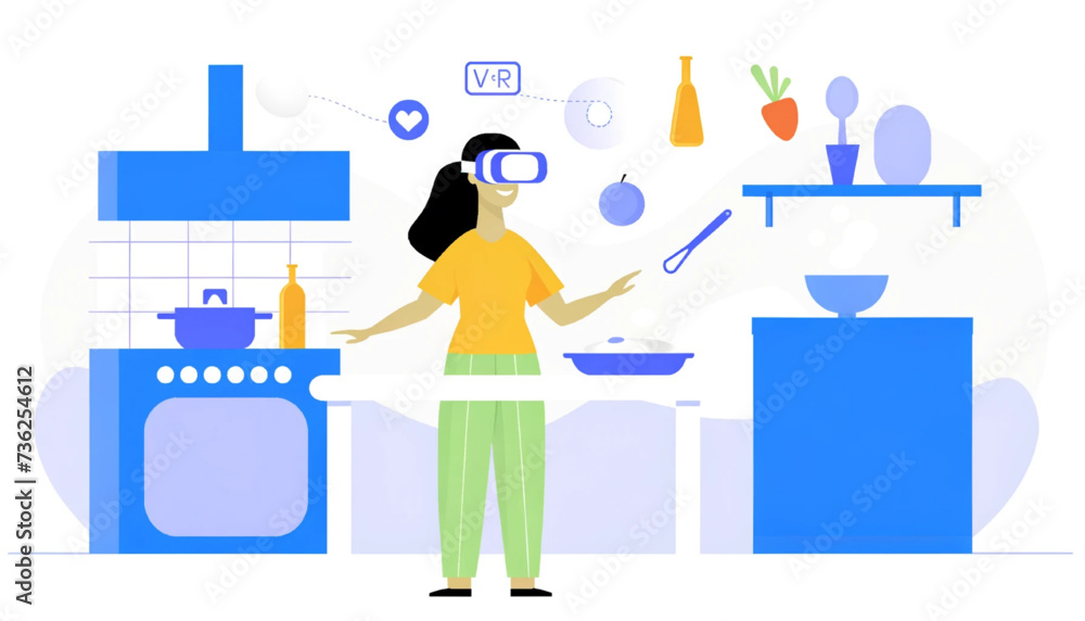  woman wearing VR goggles cooking meals virtually