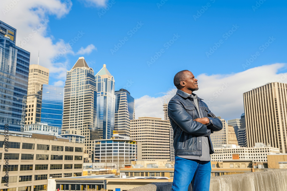 Suited African American Man Against Urban Skyline