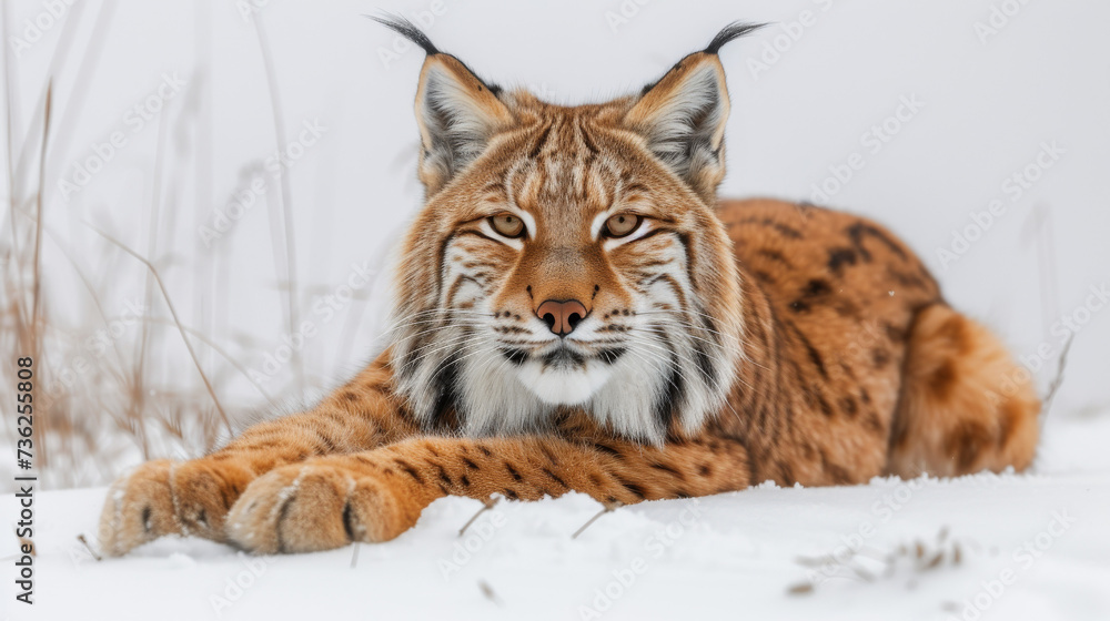 A majestic bobcat blends into the snowy landscape, its fierce felidae features and curious whiskers giving a glimpse into the wild and untamed world of this winter predator
