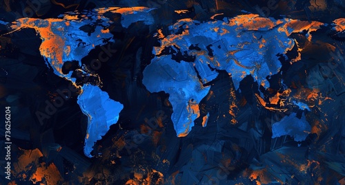 Futuristic Digital World Map Interface: Detailed Visualization of Global Communication and Data Sharing