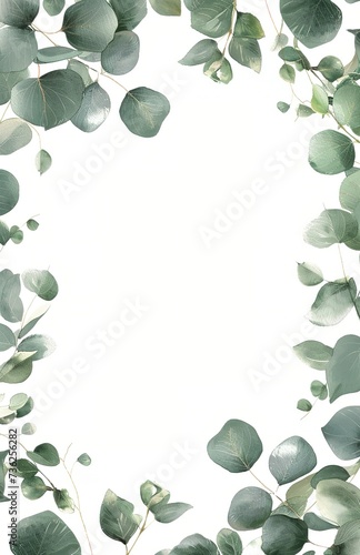 Elegant frame of fresh green eucalyptus leaves isolated on white background, ideal for invitations, greetings and wall decoration