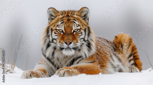 A majestic bengal tiger rests in the serene snow  its fierce beauty and wild spirit captured in its fur and piercing gaze