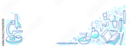 Chemistry doodle fond. Line sketch lab, microscope
