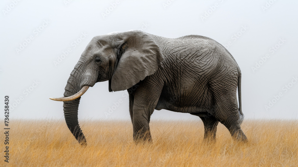 A majestic elephant, with its powerful tusks and gentle demeanor, stands proudly in a vast field, beneath the endless sky, surrounded by lush grass and the untamed beauty of the outdoors, embodying t