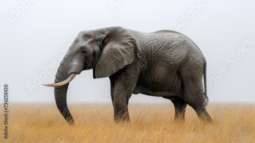 A majestic elephant  with its powerful tusks and gentle demeanor  stands proudly in a vast field  beneath the endless sky  surrounded by lush grass and the untamed beauty of the outdoors  embodying t
