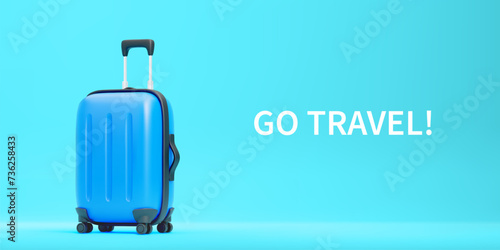 Go Travel Concept. 3D Cute Cartoon Plastic Blue Suitcase on Turquoise Background. Design Element for Travel, Adventure, Tourism, Trip Concept. Vector Illustration of 3D Render.